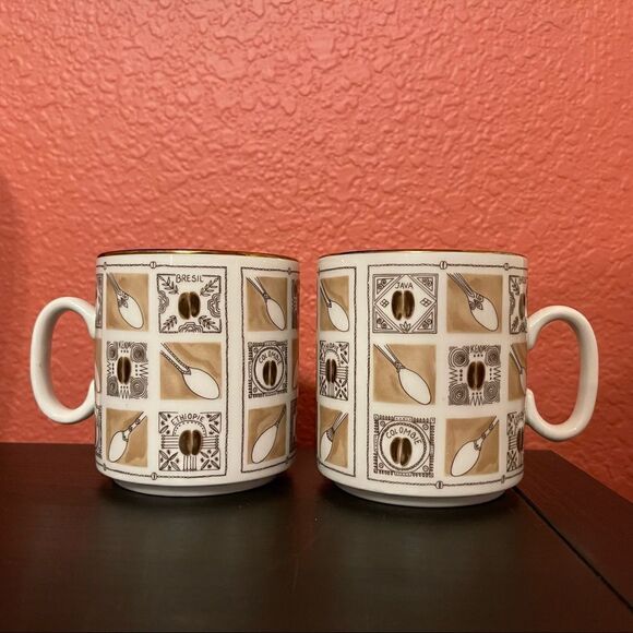 World Coffee Bean Spoon Pattern France Porcelain Gold Rim Coffee Mugs - Picture 2 of 12